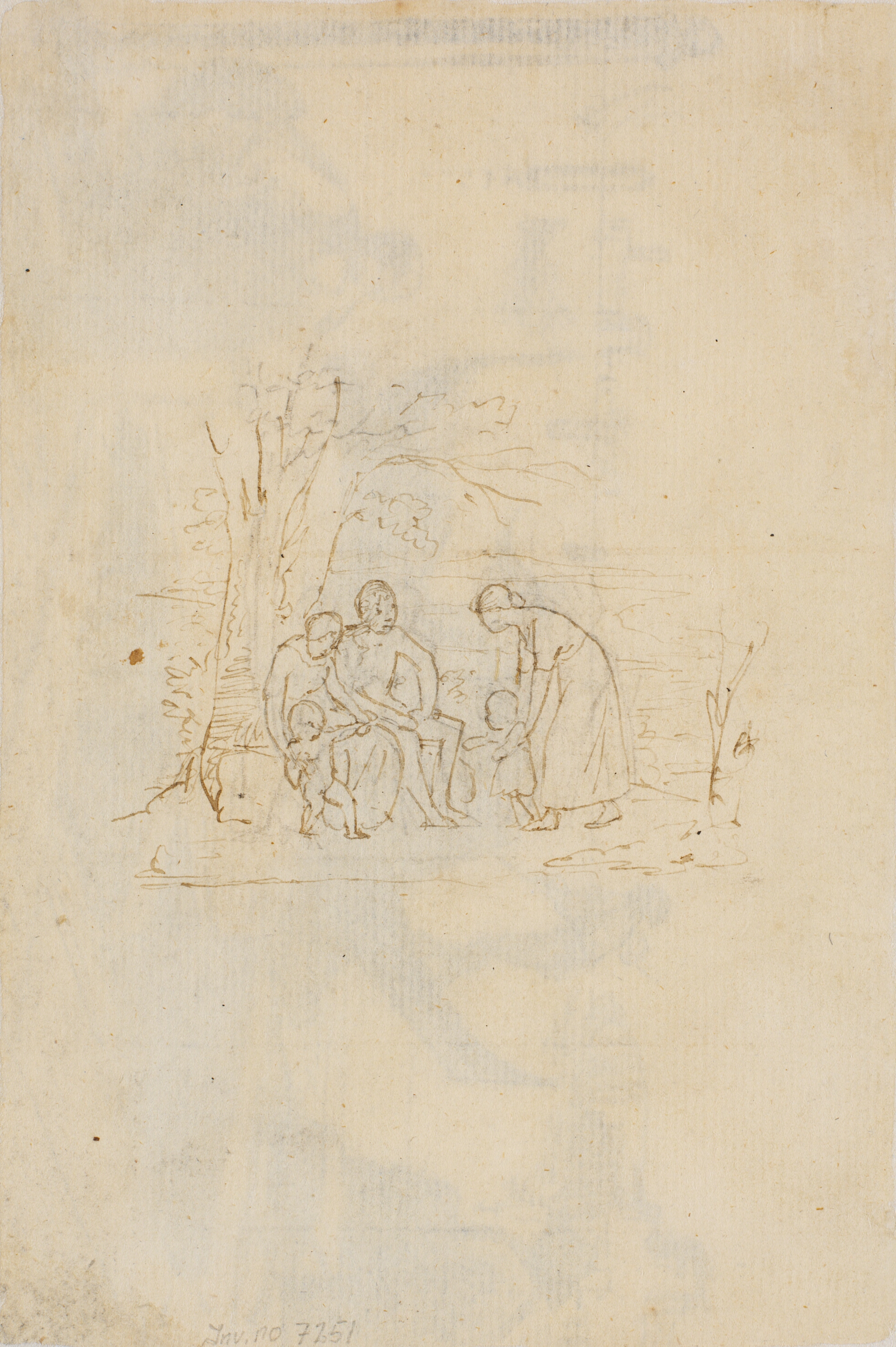 Tre voksne og to børn på en bænk ved et træ